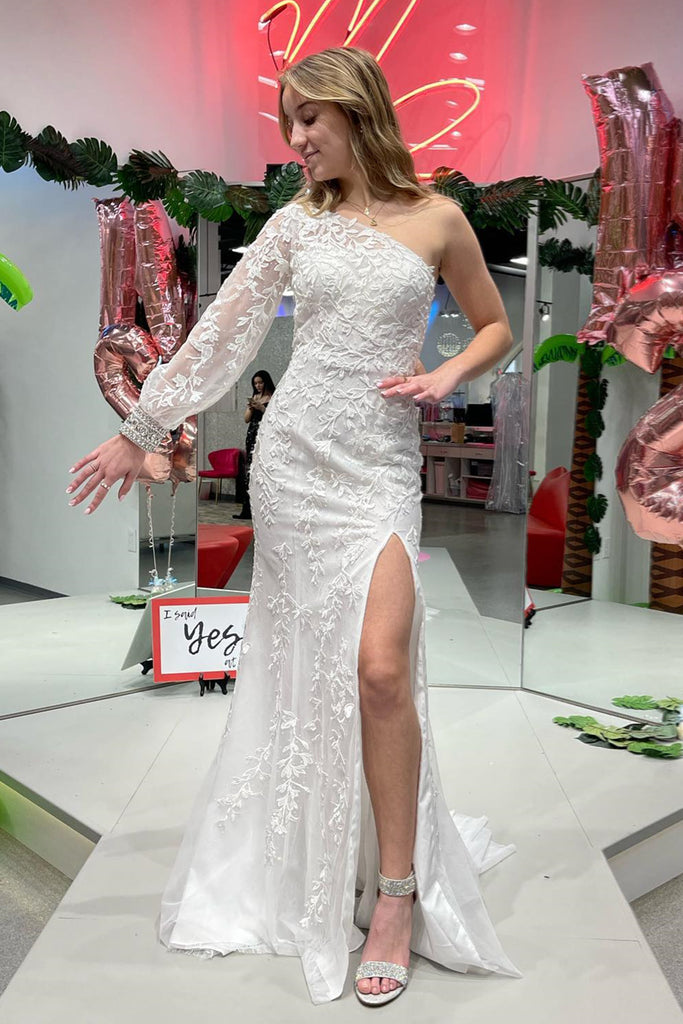 One Shoulder Long Sleeves Ivory Lace Long Prom Dress, Mermaid Ivory Formal Dress, Ivory Lace Evening Dress WT1887 One Shoulder Long Sleeves Ivory Lace Long Prom Dress, Mermaid Ivory Formal Dress, Ivory Lace Evening Dress WT1887
