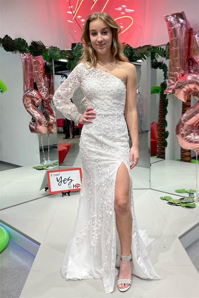 ivory color formal dress One Shoulder Long Sleeves Ivory Lace Long Prom Dress, Mermaid Ivory Formal Dress, Ivory Lace Evening Dress WT1887