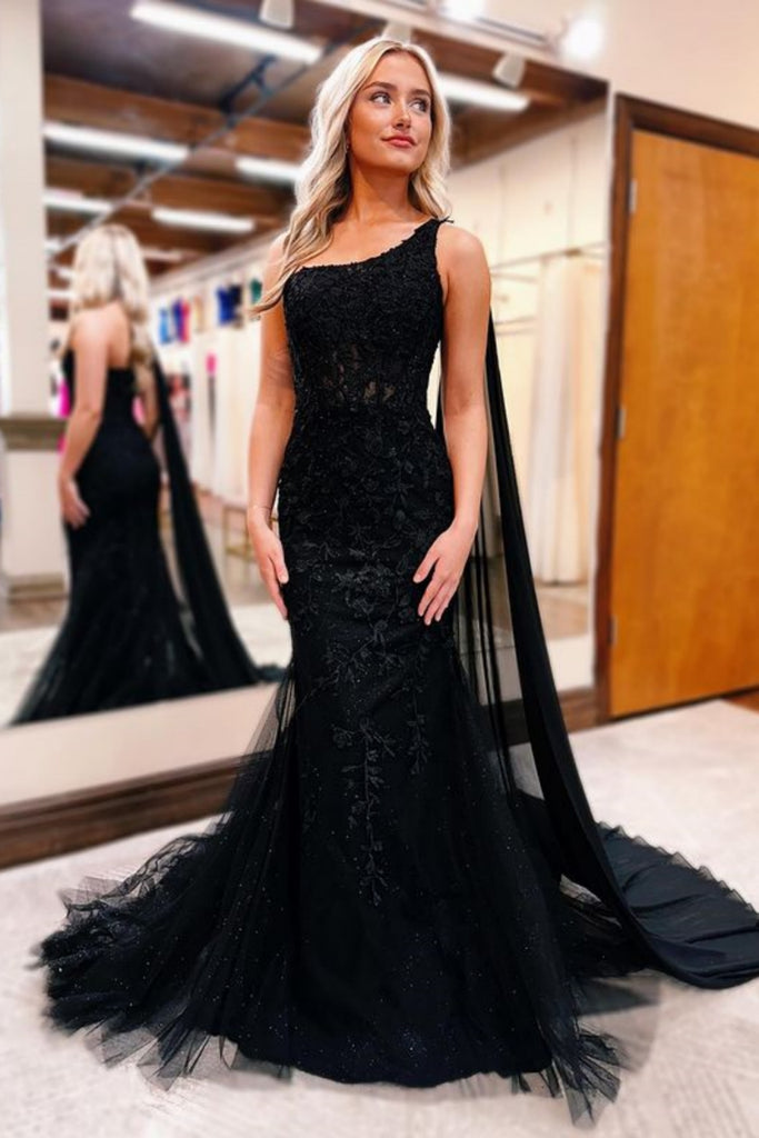 One Shoulder Mermaid Black Lace Long Prom Dresses with Train, Mermaid abcprom One Shoulder Mermaid Black Lace Long Prom Dresses with Train, Mermaid abcprom