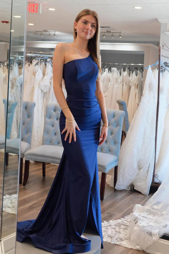 One Shoulder Mermaid Blue Satin Long Prom Dress with High Slit, Mermai – abcprom