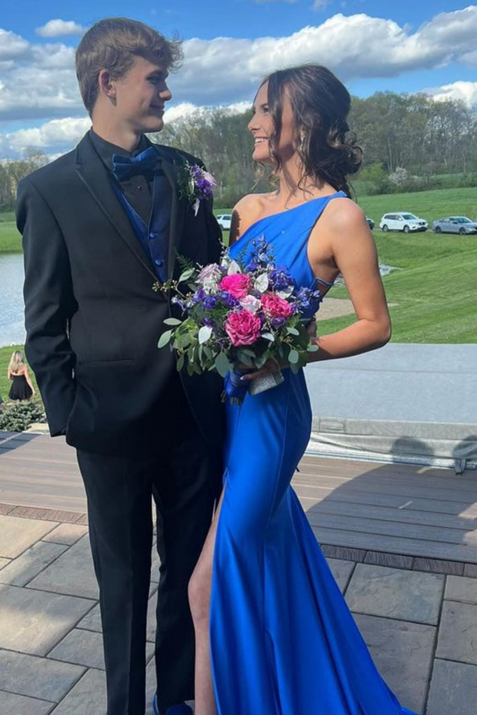 One Shoulder Mermaid Blue Satin Long Prom Dress with High Slit, One Sh abcprom One Shoulder Mermaid Blue Satin Long Prom Dress with High Slit, One Sh abcprom