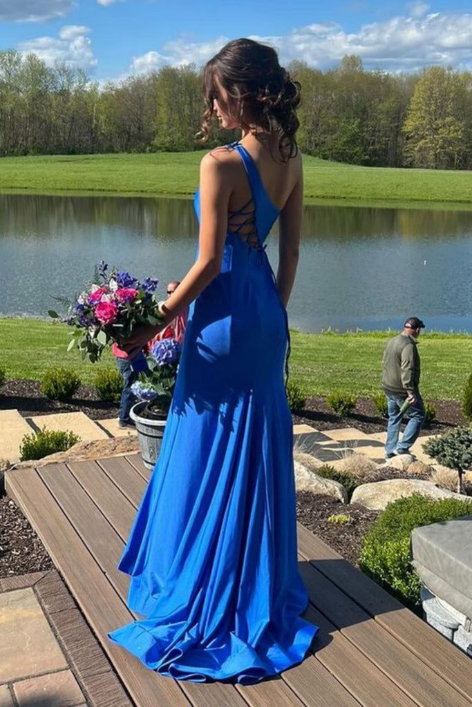 One Shoulder Mermaid Blue Satin Long Prom Dress with High Slit, One Sh abcprom One Shoulder Mermaid Blue Satin Long Prom Dress with High Slit, One Sh abcprom