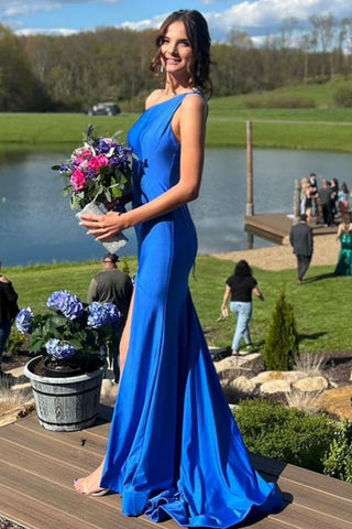 One Shoulder Mermaid Blue Satin Long Prom Dress with High Slit, One Shoulder Blue Formal Dress, Mermaid Blue Evening Dress A2142