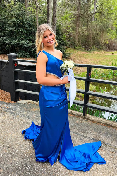 One Shoulder Mermaid Blue Satin Long Prom Dress with Slit, Mermaid Blue Formal Dress, Blue Evening Dress with Beadings A2587