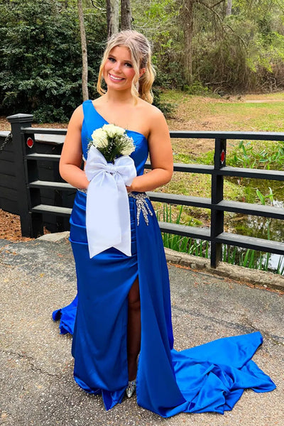 One Shoulder Mermaid Blue Satin Long Prom Dress with Slit, Mermaid Blue Formal Dress, Blue Evening Dress with Beadings A2587