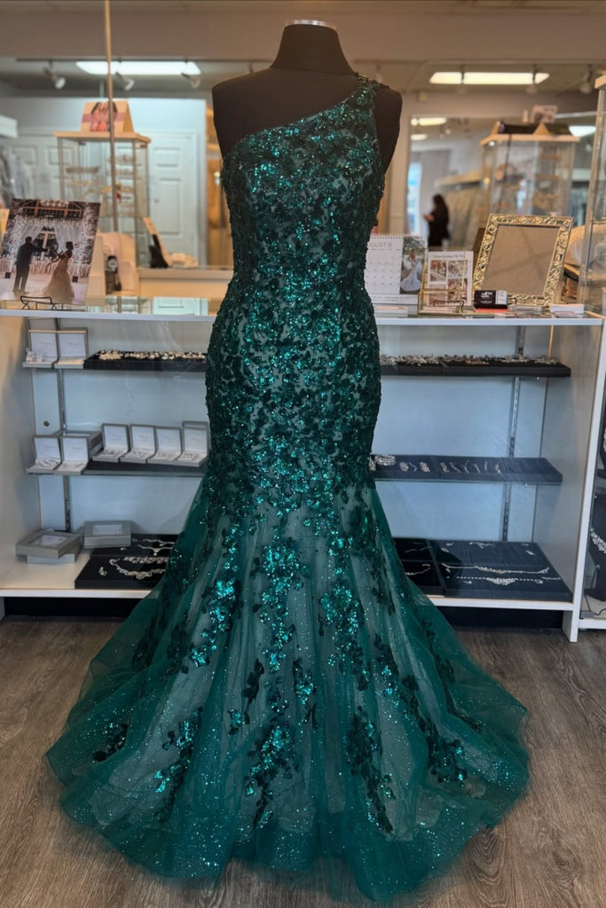 One Shoulder Mermaid Dark Green Lace Sequins Long Prom Dress, Mermaid Dark Green Formal Dress, Dark Green Evening Dress A2490