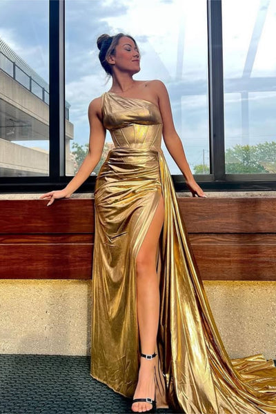 One Shoulder Mermaid Gold Satin Long Prom Dress with Slit, Mermaid Gold Formal Graduation Evening Dress A2330