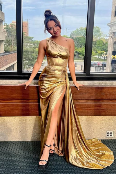 One Shoulder Mermaid Gold Satin Long Prom Dress with Slit, Mermaid Gold Formal Graduation Evening Dress A2330