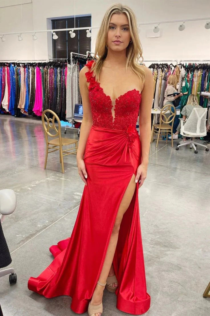 One Shoulder Mermaid Red Lace Floral Long Prom Dress with High Split, Mermaid Red Formal Dress, Red Lace Evening Dress A2071