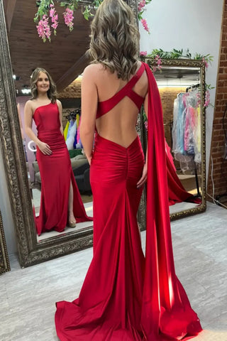 One Shoulder Open Back Mermaid Red Satin Long Prom Dress with Slit, Mermaid Red Formal Graduation Evening Dress A2475