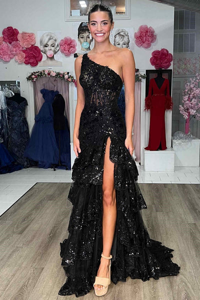 One Shoulder Pink/Red/Black Lace Long Prom Dress with High Slit, Pink/Red/Black Lace Formal Graduation Evening Dress A1988