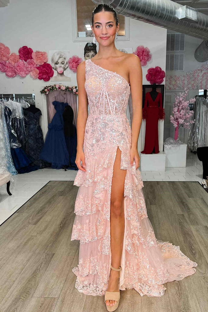 One Shoulder Pink/Red/Black Lace Long Prom Dress with High Slit, Pink/Red/Black Lace Formal Graduation Evening Dress A1988 One Shoulder Pink/Red/Black Lace Long Prom Dress with High Slit, Pink/Red/Black Lace Formal Graduation Evening Dress A1988
