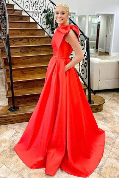 One Shoulder Red Satin Long Prom Dress, One Shoulder Formal Dress, Long Red Evening Dress A1960