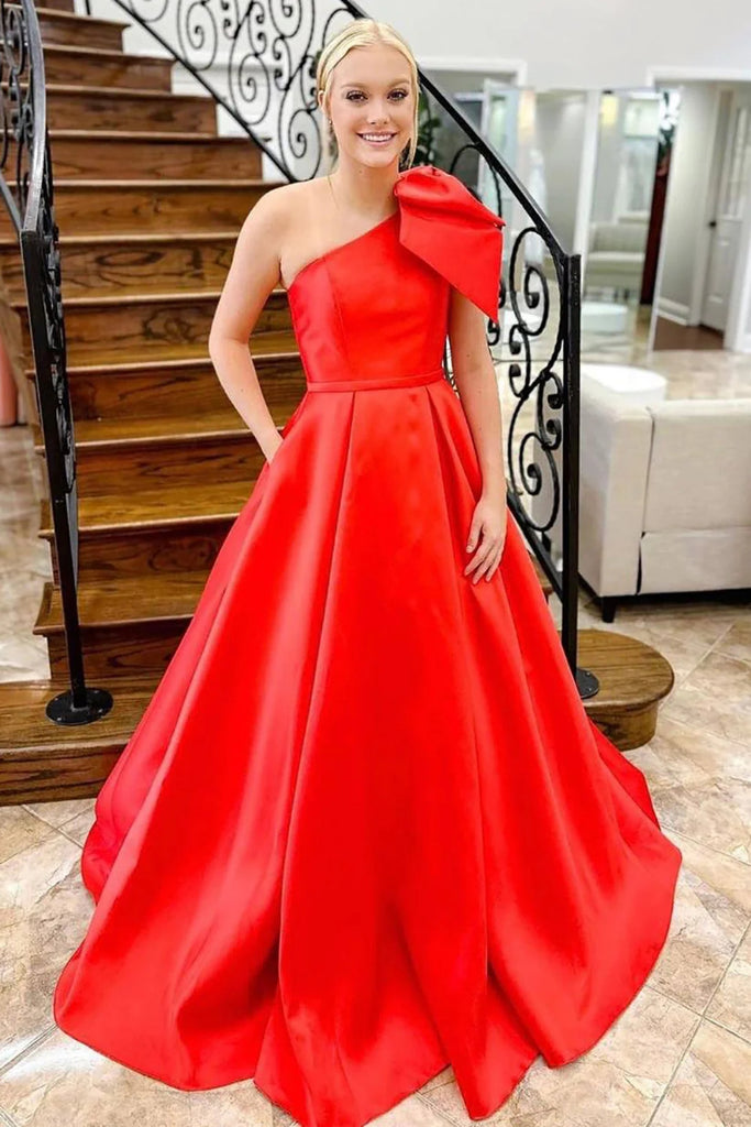 One Shoulder Red Satin Long Prom Dress, One Shoulder Formal Dress, Lon abcprom One Shoulder Red Satin Long Prom Dress, One Shoulder Formal Dress, Lon abcprom