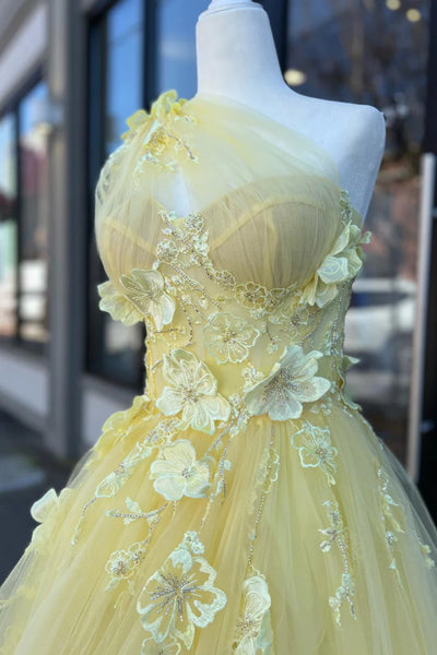 One Shoulder Yellow Lace Floral Long Prom Dress with High Slit, Yellow Formal Dress with 3D Flowers, Yellow Evening Dress A2091