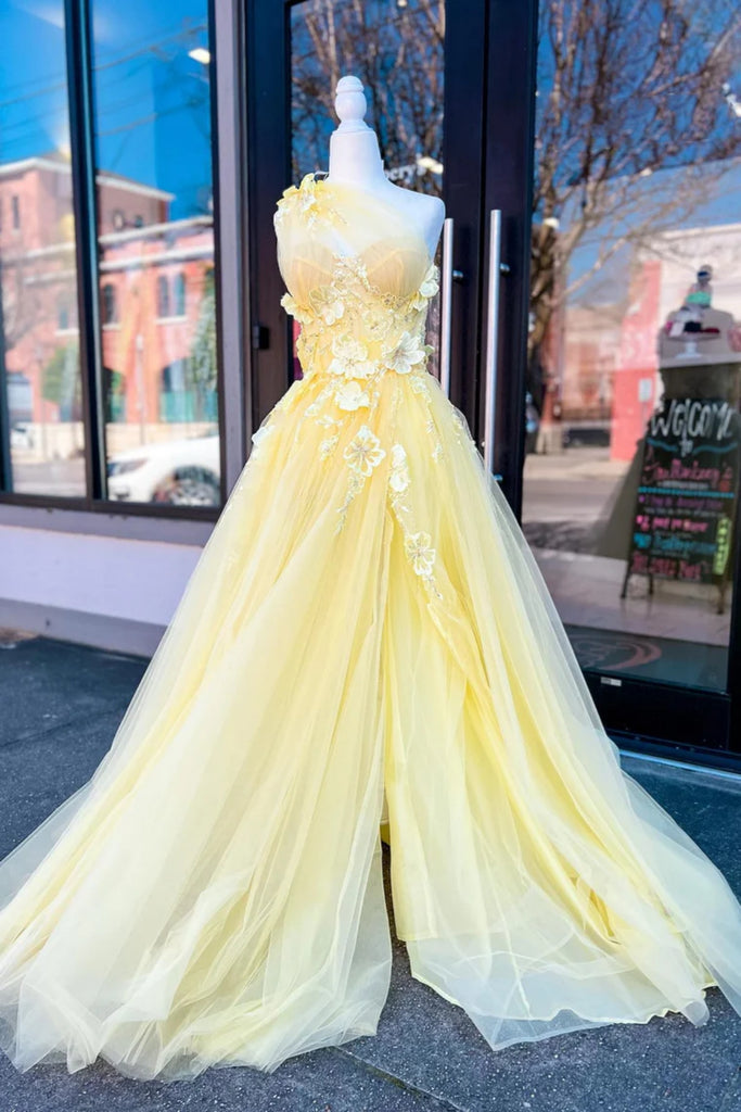 One Shoulder Yellow Lace Floral Long Prom Dress with High Slit, Yellow