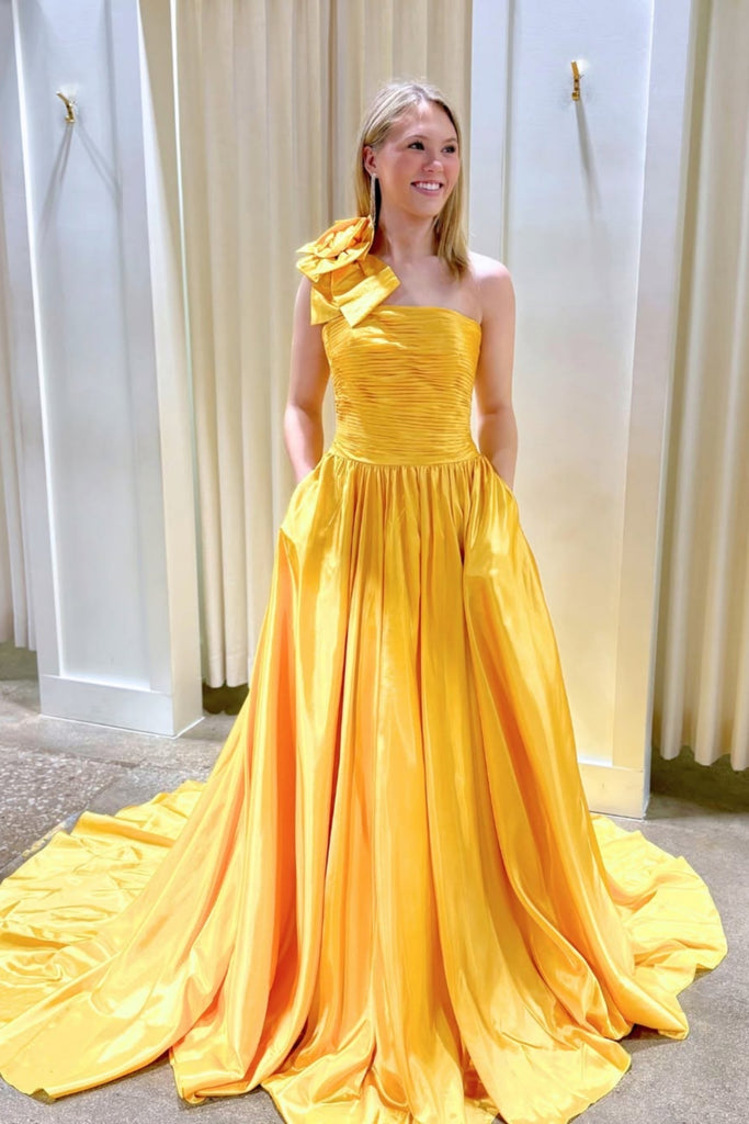 One Shoulder Yellow Satin Long Prom Dress with Flower, Yellow Formal Graduation Evening Dress A2515