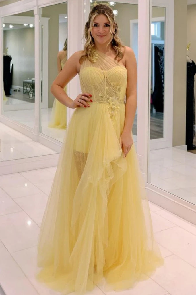 one shoulder yellow prom dress Portia and Scarlett Ps22358 - Long Trumpet Dress