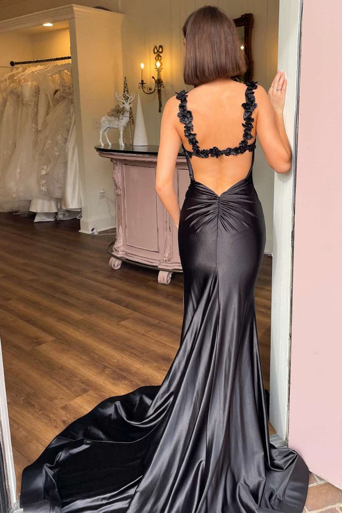 Open Back Floral Straps Mermaid Black Long Prom Dress with Slit, Merma abcprom Open Back Floral Straps Mermaid Black Long Prom Dress with Slit, Merma abcprom