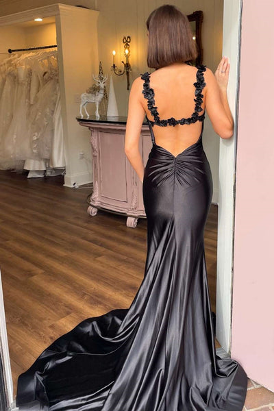 Open Back Floral Straps Mermaid Black Long Prom Dress with Slit, Mermaid Black Formal Dress, Black Evening Dress A2022