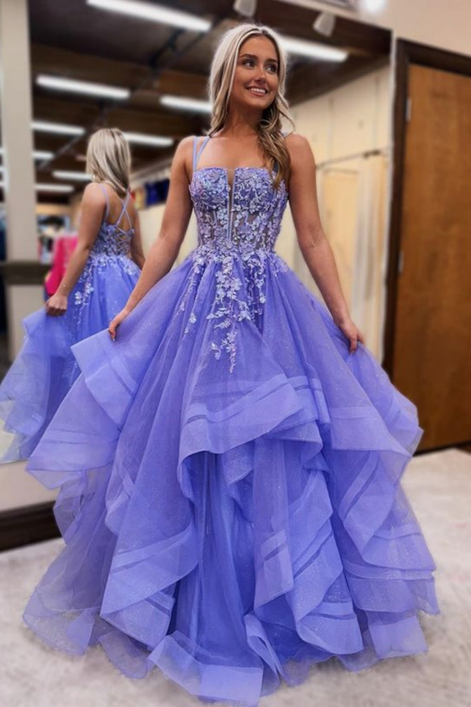 Open Back Fluffy Lilac Lace Long Prom Dress, Lilac Lace Formal Dress, abcprom Open Back Fluffy Lilac Lace Long Prom Dress, Lilac Lace Formal Dress, abcprom