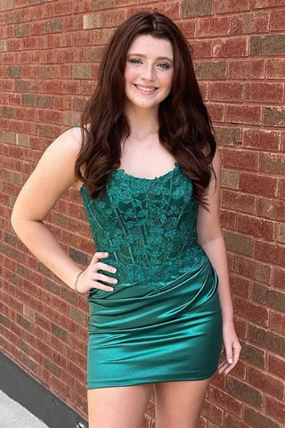 Open Back Green Lace Short Prom Dress, Green Lace Homecoming Dress Green Formal Graduation Evening Dress A2143