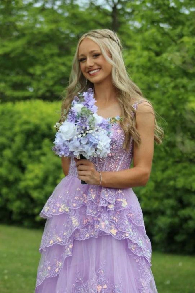 purple lace high low dress Lilac Tulle V Neck High Low Layered Lace Long Prom Dresses, Purple Lac Lwt Dress