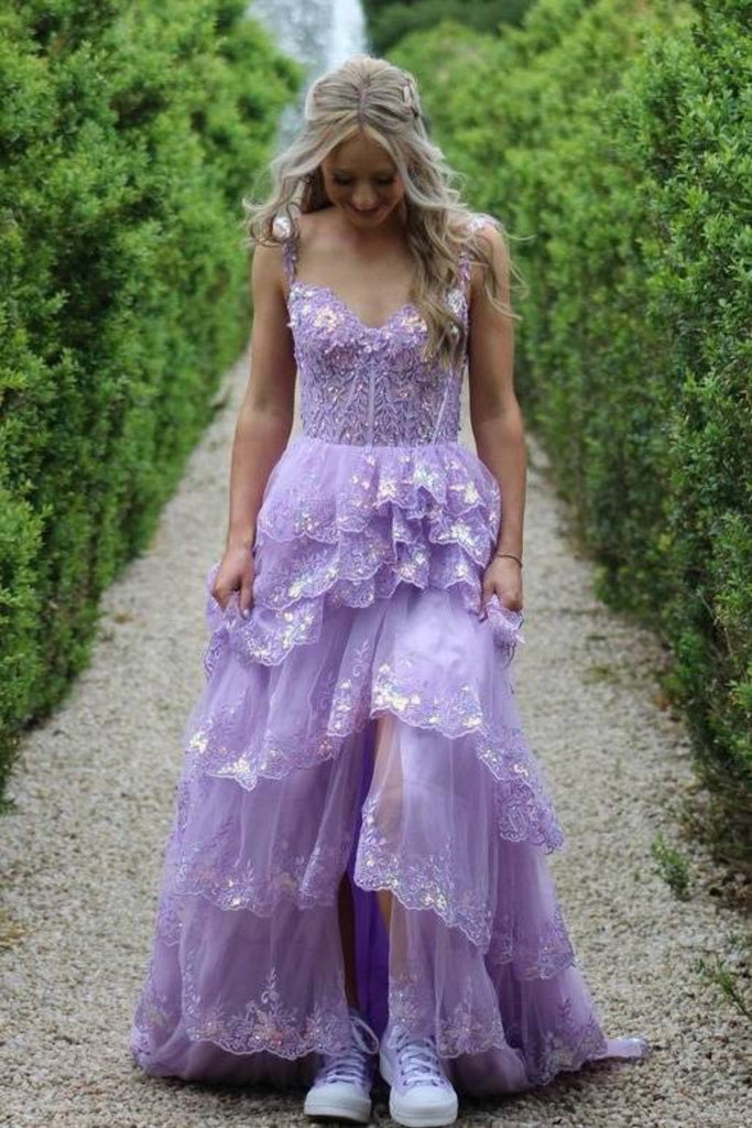 Open Back High Low Layered Lilac Lace Long Prom Dress, Purple Lace For abcprom Open Back High Low Layered Lilac Lace Long Prom Dress, Purple Lace For abcprom