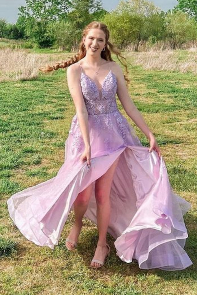 High Low V Neck Layered Purple Tulle Long Prom Dresses, High Low Lilac –  abcprom