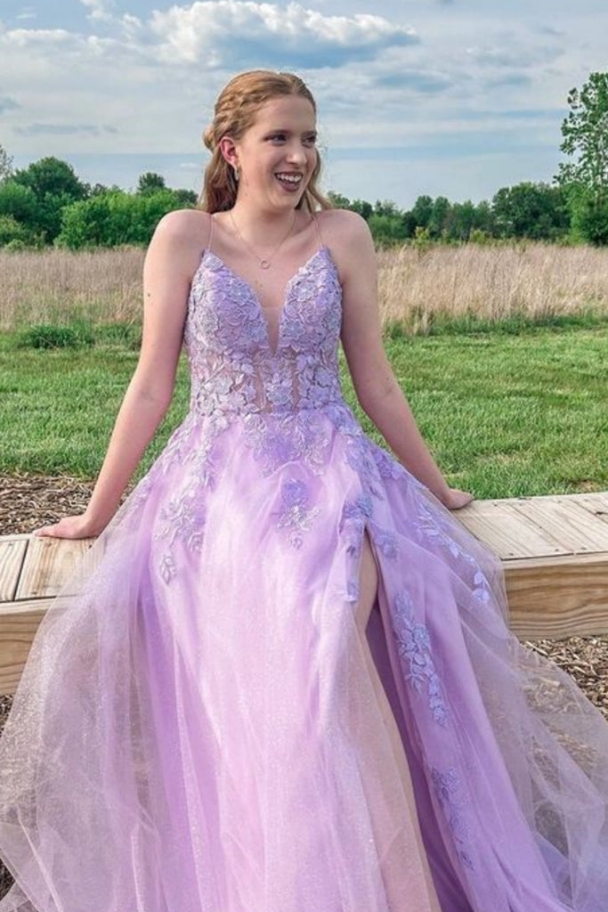 Open Back Lilac Lace Long Prom Dress, Lilac Lace Formal Dress, Lilac E