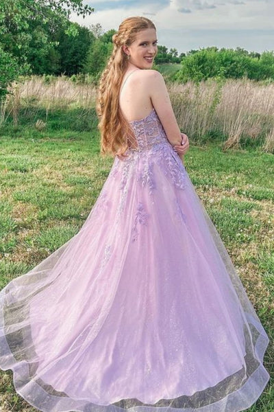 Open Back Lilac Lace Long Prom Dress, Lilac Lace Formal Dress, Lilac Evening Dress A1932