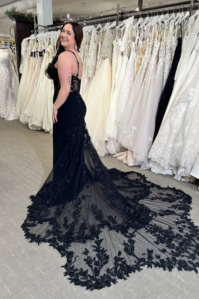 Open Back Mermaid Black Lace Long Prom Dress, Mermaid Black Formal Dress, Black Lace Evening Dress A2569