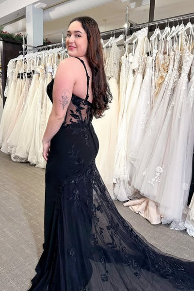Open Back Mermaid Black Lace Long Prom Dress, Mermaid Black Formal Dress, Black Lace Evening Dress A2569