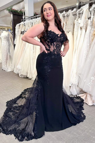 Open Back Mermaid Black Lace Long Prom Dress, Mermaid Black Formal Dress, Black Lace Evening Dress A2569