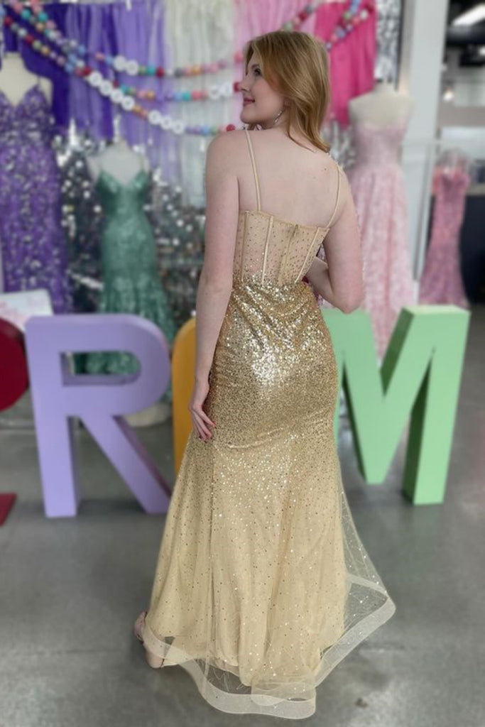 Open Back Mermaid Champagne Sequins Long Prom Dress with High Slit, Me