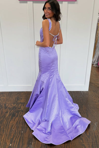 Open Back Mermaid Lavender Satin Long Prom Dress with Pearls, Mermaid Lavender Formal Dress, Lavender Evening Dress A2511