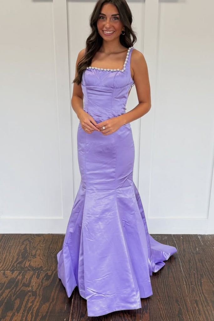 Open Back Mermaid Lavender Satin Long Prom Dress with Pearls, Mermaid Lavender Formal Dress, Lavender Evening Dress A2511