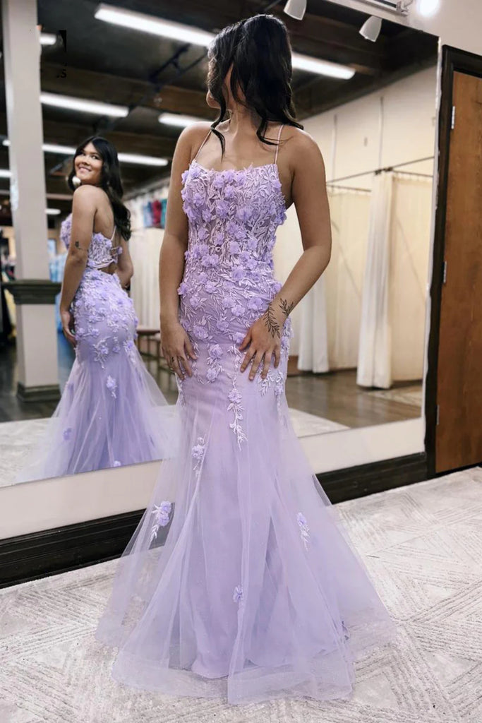 Open Back Mermaid Lilac Lace Floral Long Prom Dress, Mermaid Lilac For abcprom Open Back Mermaid Lilac Lace Floral Long Prom Dress, Mermaid Lilac For abcprom