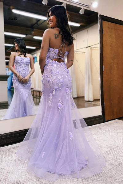 Open Back Mermaid Lilac Lace Floral Long Prom Dress, Mermaid Lilac Formal Dress, Lilac Lace Evening Dress A2038