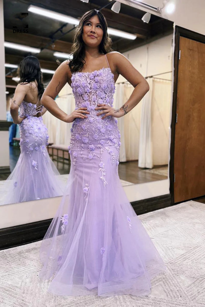 Open Back Mermaid Lilac Lace Floral Long Prom Dress, Mermaid Lilac For abcprom Open Back Mermaid Lilac Lace Floral Long Prom Dress, Mermaid Lilac For abcprom
