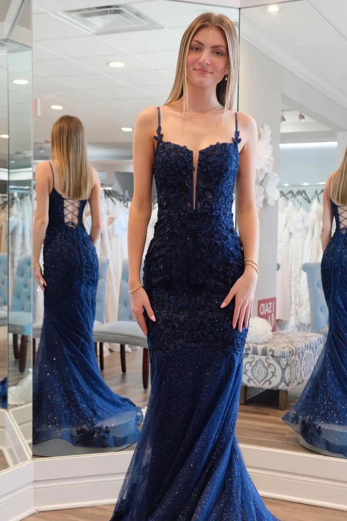 Open Back Mermaid Navy Blue Lace Long Prom Dress, Navy Blue Lace Forma abcprom Open Back Mermaid Navy Blue Lace Long Prom Dress, Navy Blue Lace Forma abcprom
