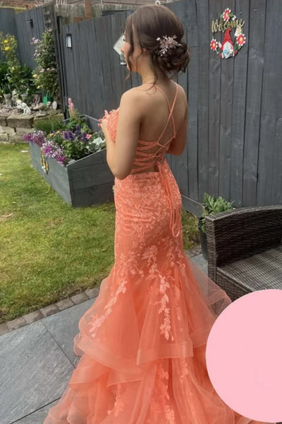 Open Back Mermaid Orange Lace Long Prom Dress, Orange Lace Formal Dress, Orange Evening Dress A2258