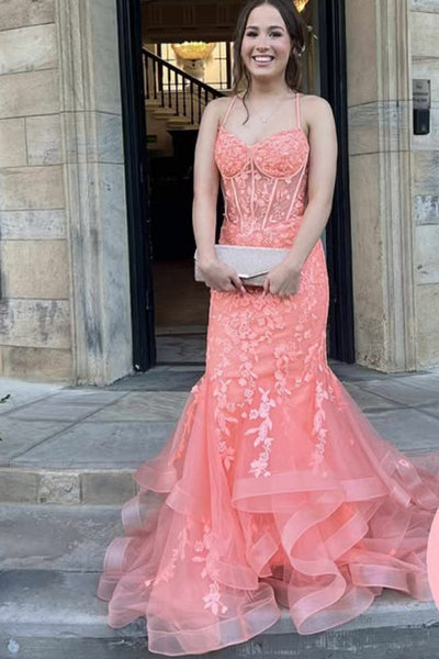 Open Back Mermaid Orange Lace Long Prom Dress, Orange Lace Formal Dress, Orange Evening Dress A2258