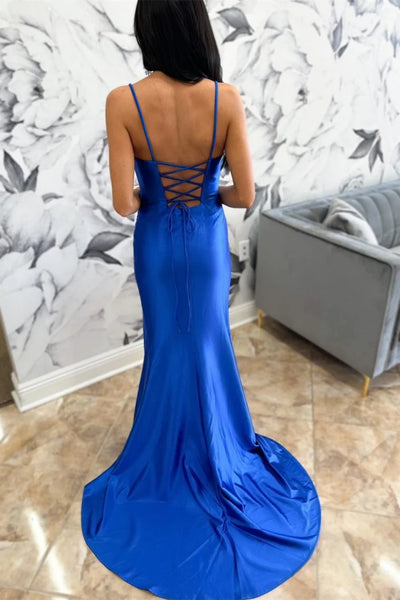 Open Back Mermaid Royal Blue Long Prom Dress with High Slit, Mermaid Royal Blue Formal Dress, Royal Blue Evening Dress with Train A1983