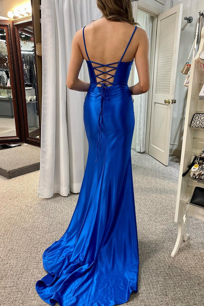 Open Back Mermaid Royal Blue Satin Long Prom Dress with High Slit, Mermaid Royal Blue Formal Graduation Evening Dress A2115