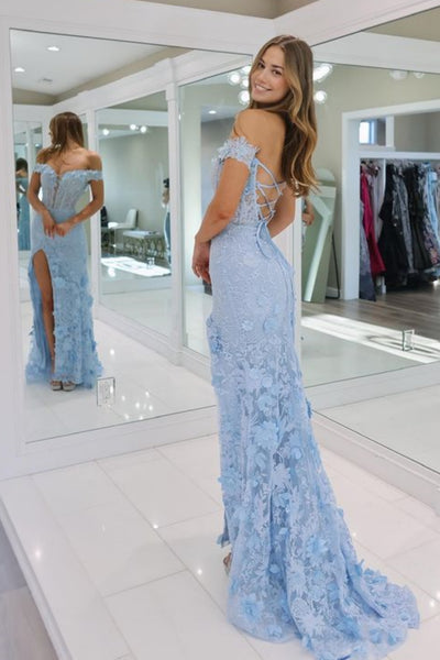 Open Back Off Shoulder Mermaid Blue Lace Floral Long Prom Dress with Side Split, Off the Shoulder Blue Formal Dress, Blue Lace Evening Dress A2047