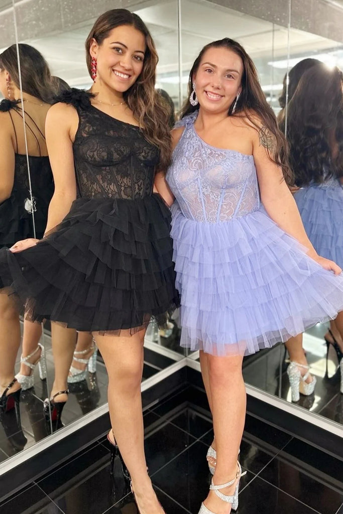 Open Back One Shoulder Black/Lilac Lace Prom Dress, One Shoulder Black abcprom Open Back One Shoulder Black/Lilac Lace Prom Dress, One Shoulder Black abcprom