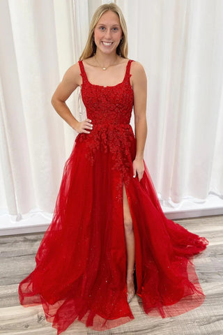 Open Back Red Lace Floral Long Prom Dress with High Slit, Red Lace Formal Graduation Evening Dress A2120