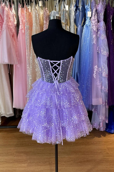 Open Back Strapless Layered Lilac Short Prom Dress, Lilac Homecoming Dress, Purple Formal Graduation Evening Dress A2407