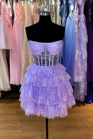 Open Back Strapless Layered Lilac Short Prom Dress, Lilac Homecoming Dress, Purple Formal Graduation Evening Dress A2407